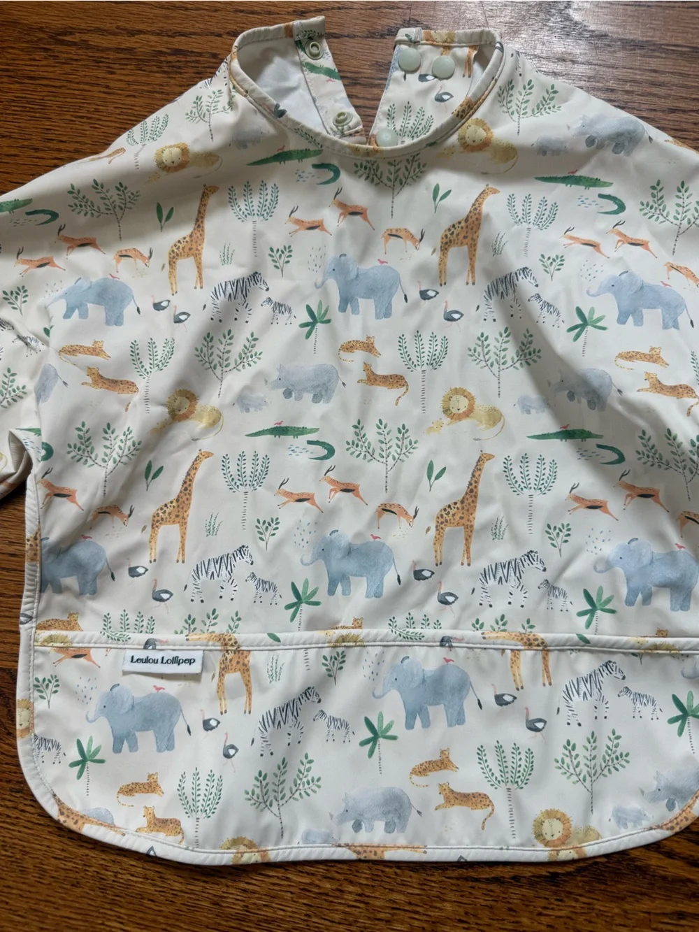 Long-Sleeve Waterproof Apron Bib with Safari Animal Print - Cream